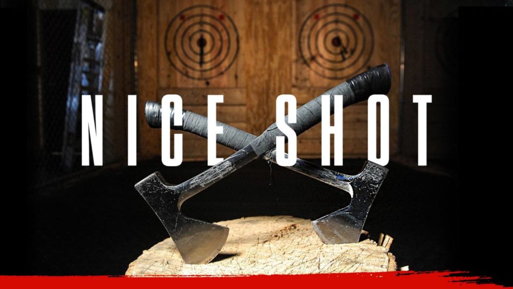 Home Page Header Image That Reads 'Nice Shot' with 2 axes crossed over eachother in front of two wooden targets